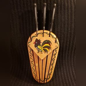 Vintage Handpainted Wall Hanging Rooster Wooden Knife Block
